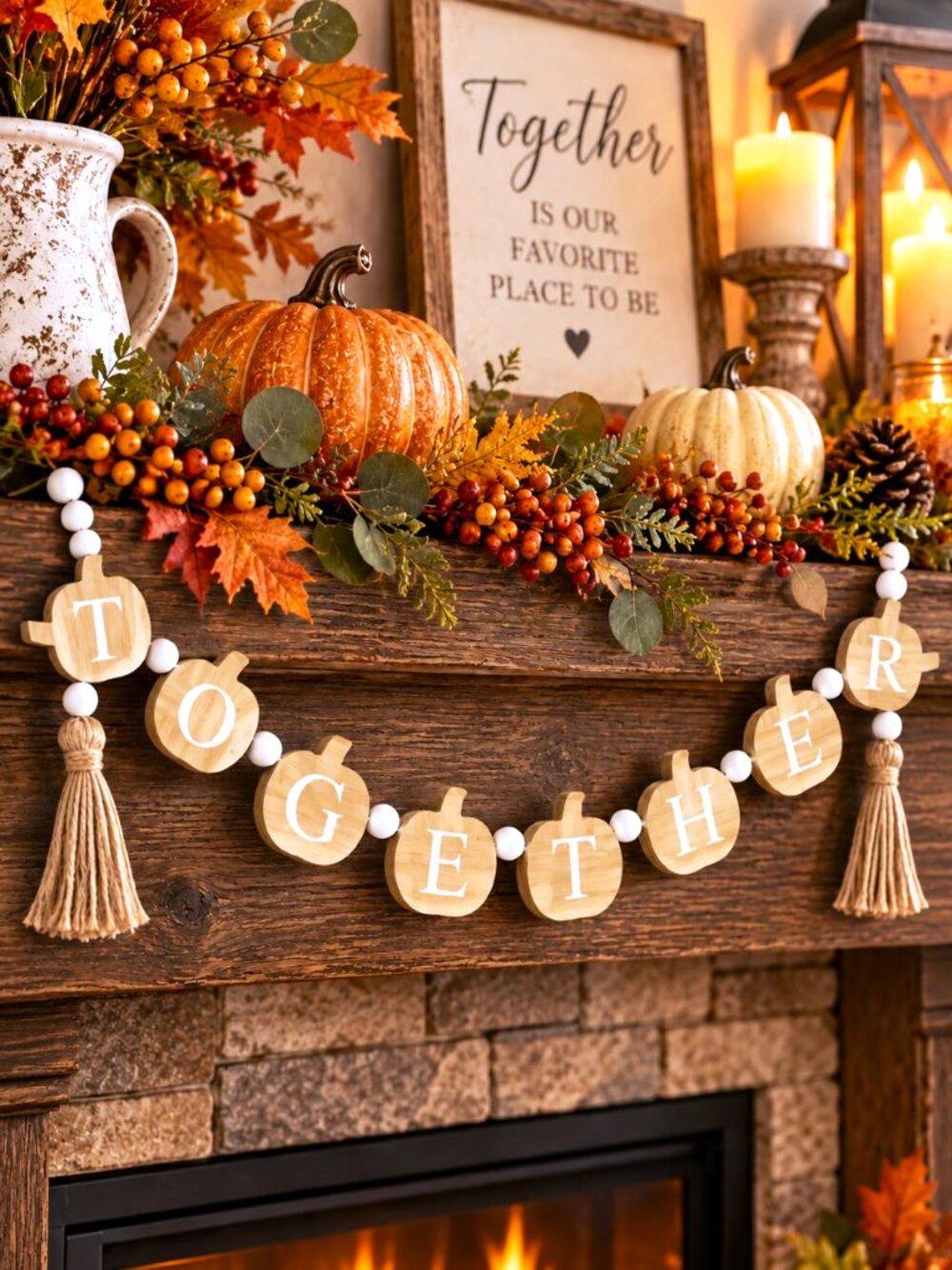Together Pumpkin Wood Bead Garland Tassels Fall Thanksgiving Farmhouse Décor